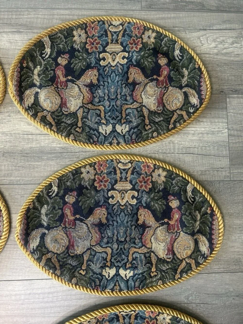 Set 6 Equestrian Horse Tapestry Oval Placemats Gold Cord English Country Vintage